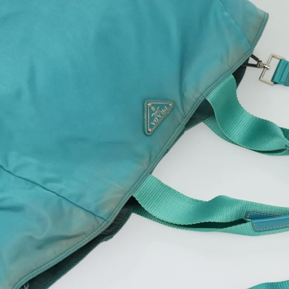 PRADA Tote Bag Nylon 2way Turquoise Blue Silver Auth ti3401
