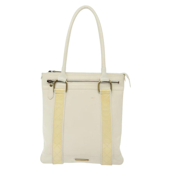 BURBERRY Tote Bag Leather White Gold Auth ti3413