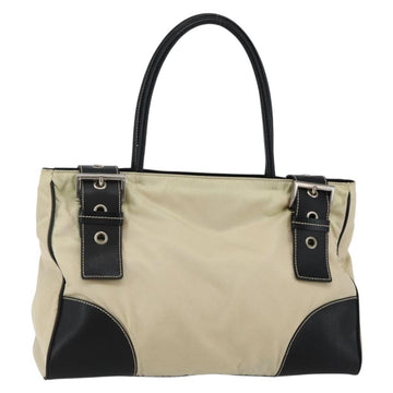 PRADA Tote Bag Nylon Leather Beige Black Silver Auth ti3428