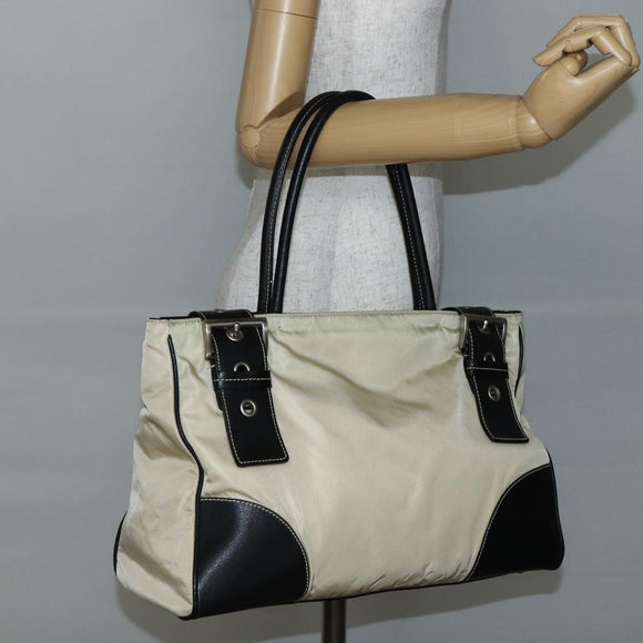 PRADA Tote Bag Nylon Leather Beige Black Silver Auth ti3428