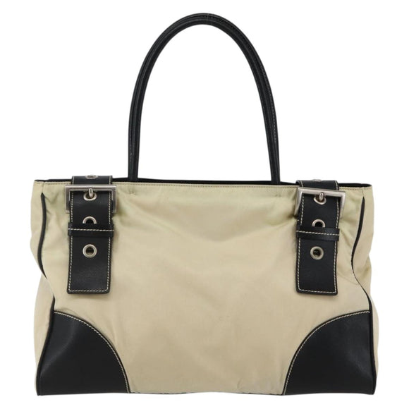 PRADA Tote Bag Nylon Leather Beige Black Silver Auth ti3428