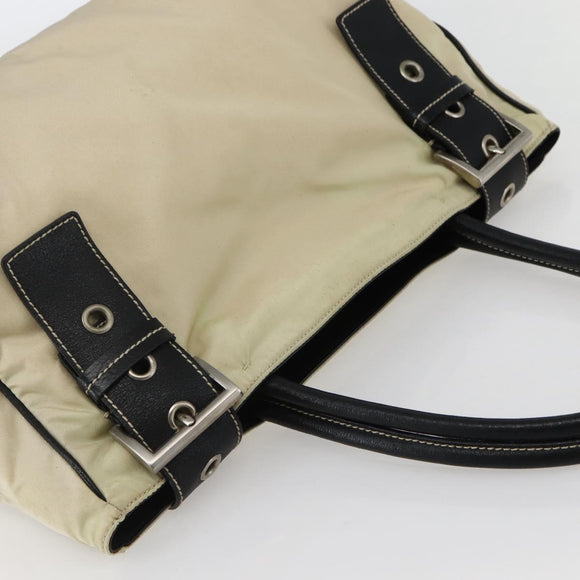PRADA Tote Bag Nylon Leather Beige Black Silver Auth ti3428