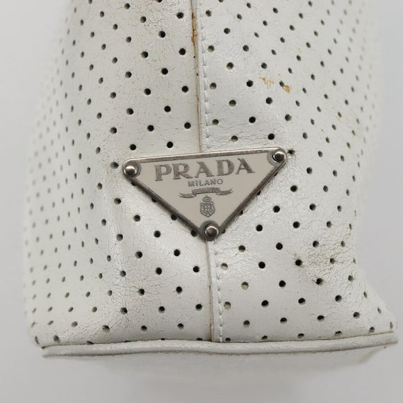PRADA Tote Bag Punching Leather White Silver Auth ti3448