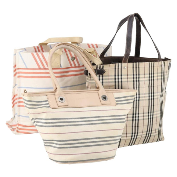BURBERRY Nova Check Blue Label Tote Bag Canvas 3 Set Beige Auth ti3475