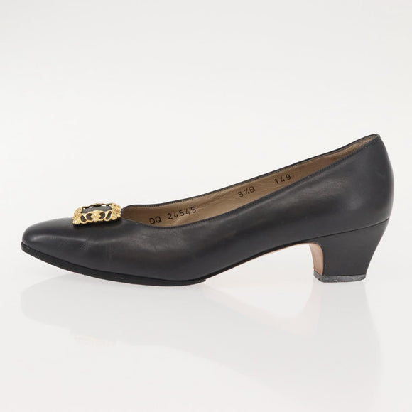 Salvatore Ferragamo Pumps Leather Black Gold Auth ti3478