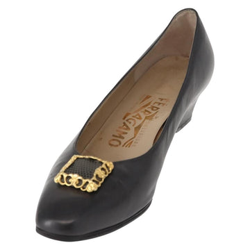 Salvatore Ferragamo Pumps Leather Black Gold Auth ti3478 - 0