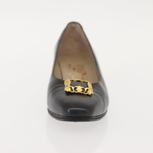 Salvatore Ferragamo Pumps Leather Black Gold Auth ti3478