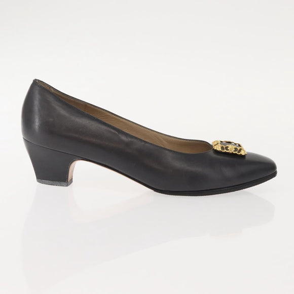 Salvatore Ferragamo Pumps Leather Black Gold Auth ti3478