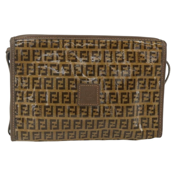 FENDI Zucchino Canvas Shoulder Bag Coated Canvas Brown Auth ti3502