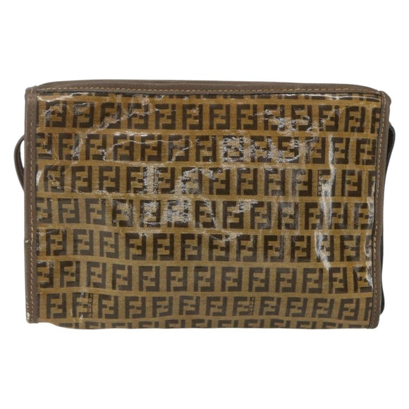 FENDI Zucchino Canvas Shoulder Bag Coated Canvas Brown Auth ti3502