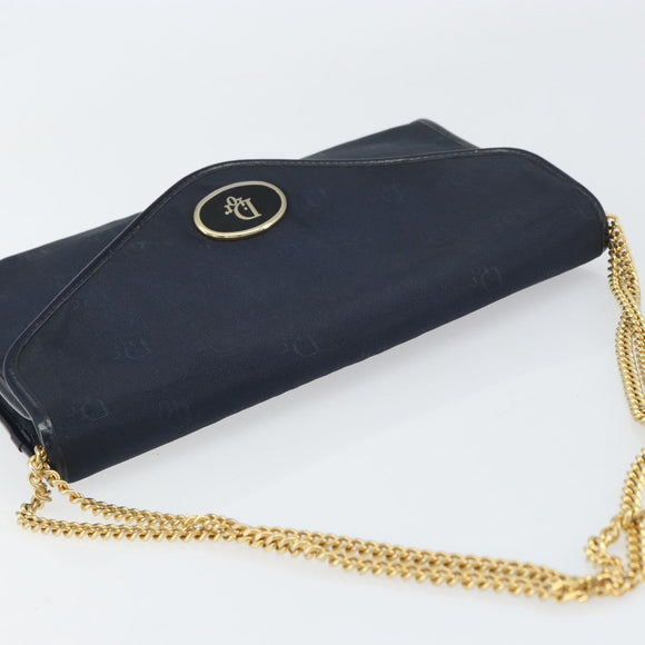 Christian Dior Chain Shoulder Bag Canvas Navy Gold Auth ti3507