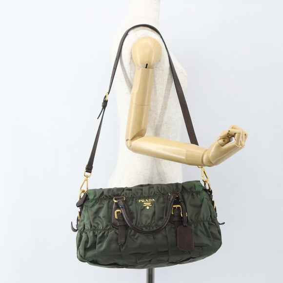 PRADA Hand Bag Nylon 2way Khaki Gold Auth ti3541