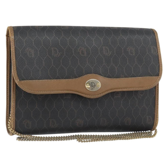 Christian Dior Honeycomb Canvas Chain Shoulder Bag PVC Black Gold Auth ti3549