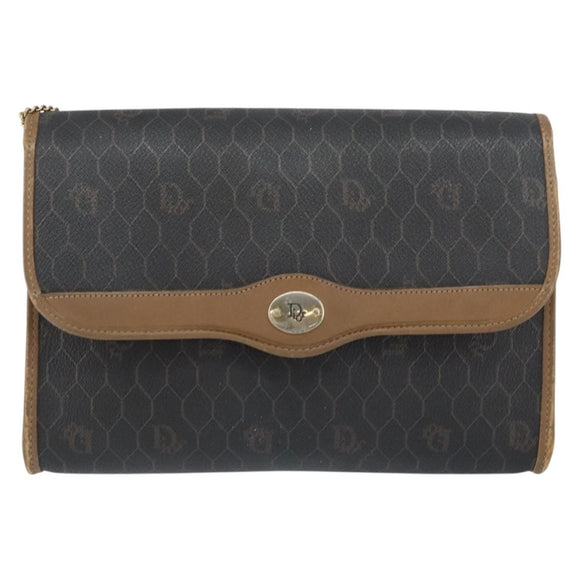 Christian Dior Honeycomb Canvas Chain Shoulder Bag PVC Black Gold Auth ti3549