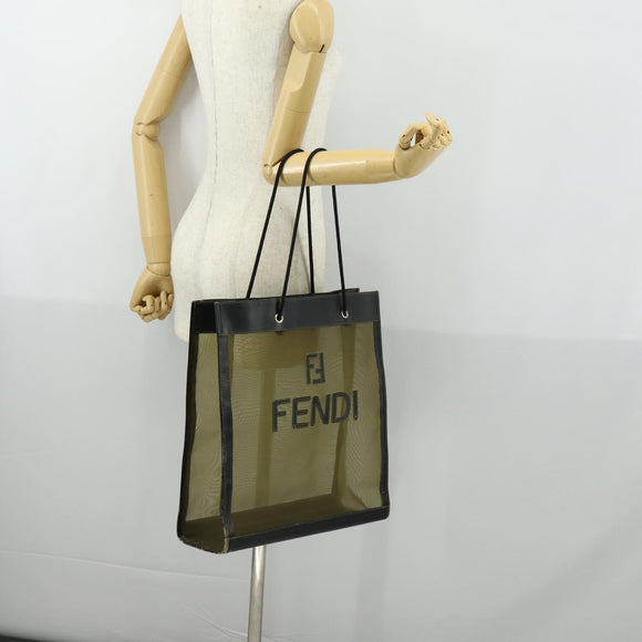 FENDI mesh Tote Bag Nylon Leather Khaki Gold Auth ti3553