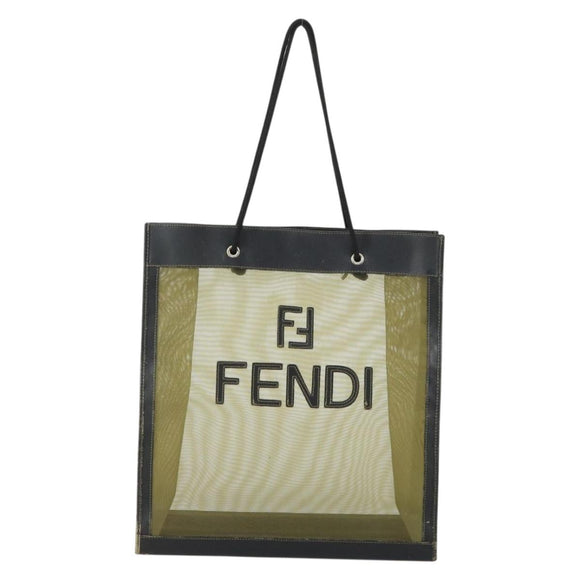 FENDI mesh Tote Bag Nylon Leather Khaki Gold Auth ti3553