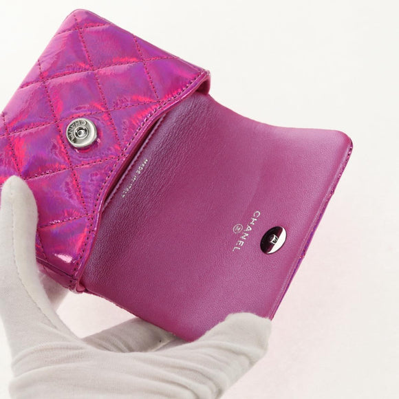 CHANEL Matelasse Hand Pouch Charm Patent leather Pink Silver CC Auth ti3561SAM