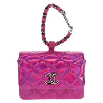 CHANEL Matelasse Hand Pouch Charm Patent leather Pink Silver CC Auth ti3561SAM - 0