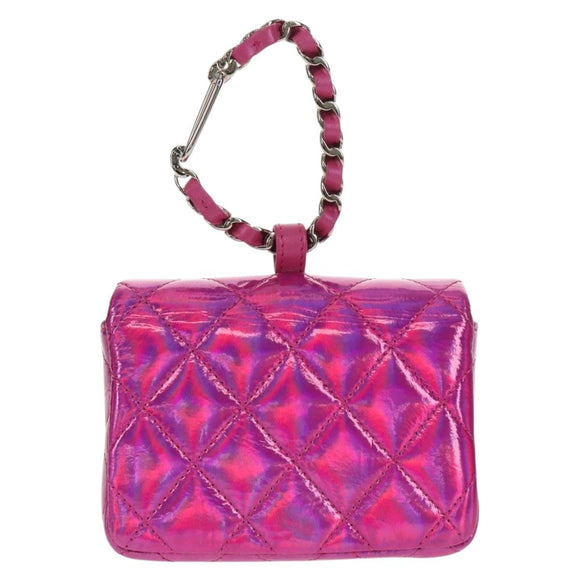 CHANEL Matelasse Hand Pouch Charm Patent leather Pink Silver CC Auth ti3561SAM
