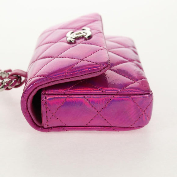 CHANEL Matelasse Hand Pouch Charm Patent leather Pink Silver CC Auth ti3561SAM
