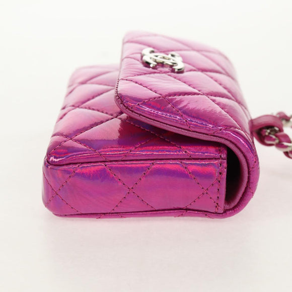 CHANEL Matelasse Hand Pouch Charm Patent leather Pink Silver CC Auth ti3561SAM