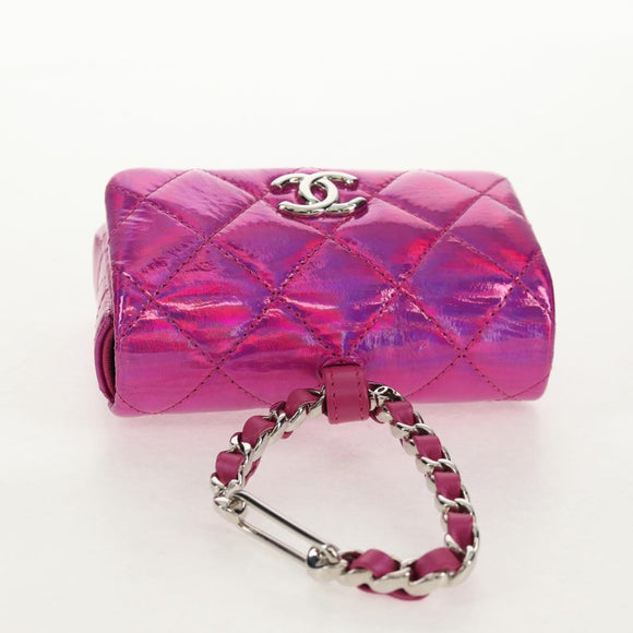 CHANEL Matelasse Hand Pouch Charm Patent leather Pink Silver CC Auth ti3561SAM