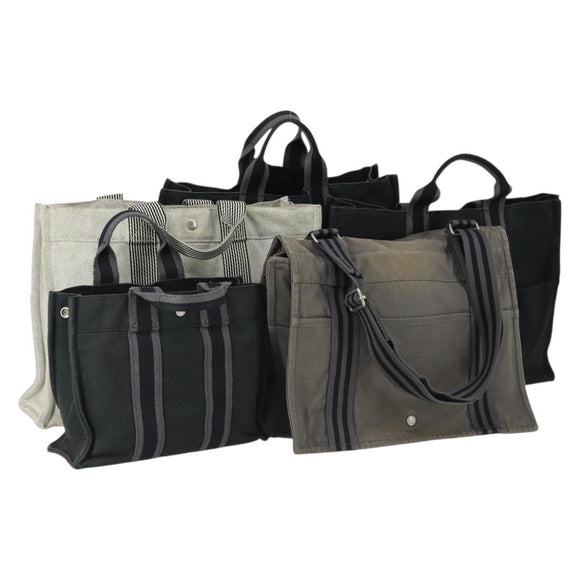 HERMES Fourre Tout Handtas Canvas 5 Set Grijs Zwart Auth ti3571