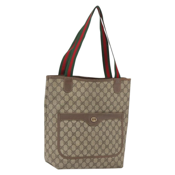 GUCCI GG Supreme Web Sherry Line Tragetasche PVC Beige Auth ti3595