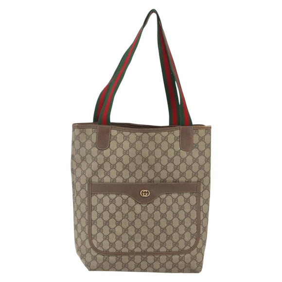 GUCCI GG Supreme Web Sherry Line Tragetasche PVC Beige Auth ti3595