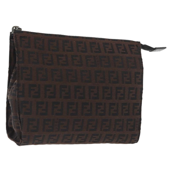 FENDI Zucchino Canvas Pouch Dark Brown Auth ti3597