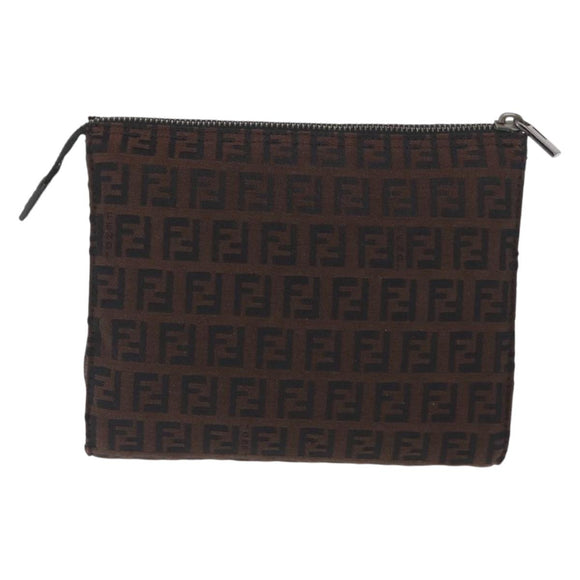 FENDI Zucchino Canvas Pouch Dark Brown Auth ti3597
