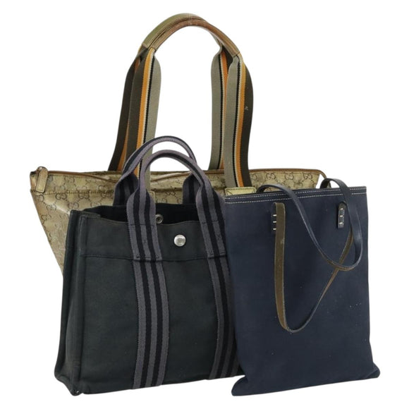 FENDI Gucci Hermes GG Canvas Hand Bag Canvas PVC 3 Set Black Beige Auth ti3619