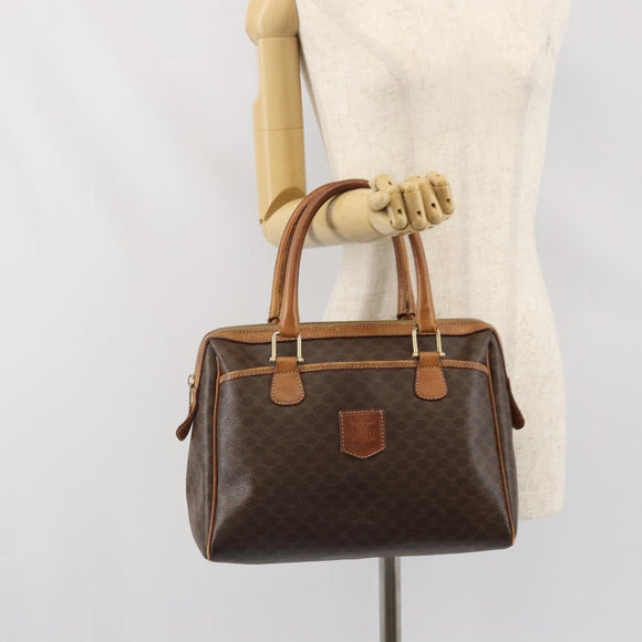 CELINE Macadam Canvas Boston Bag PVC Leather Brown Gold Auth ti3656