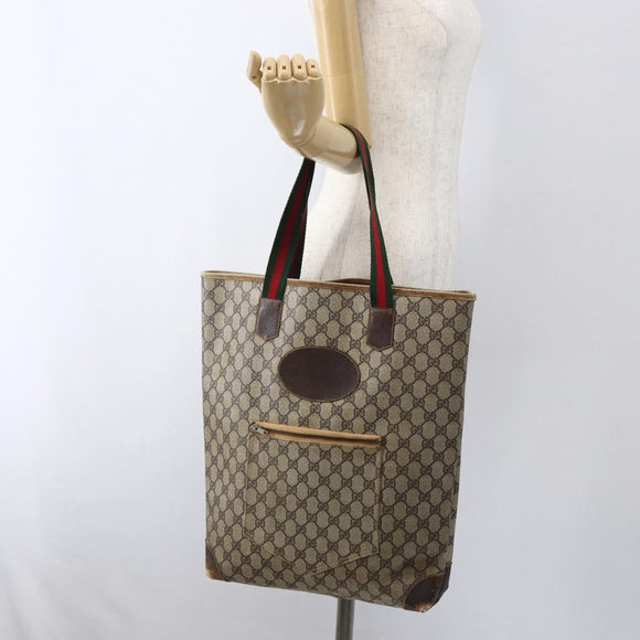 GUCCI GG Supreme Web Sherry Line Tote Bag PVC Beige Red Auth ti3662
