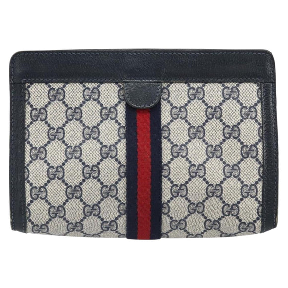 GUCCI GG Supreme Sherry Line Clutch Bag PVC Navy Red 64 01 001 Auth ti3668