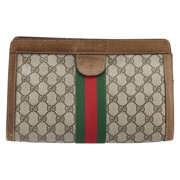 GUCCI GG Supreme Web Sherry Line Clutch Bag PVC Beige Red Auth ti3685