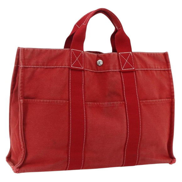 HERMES Deauville MM Hand Bag Canvas Red Auth ti3706