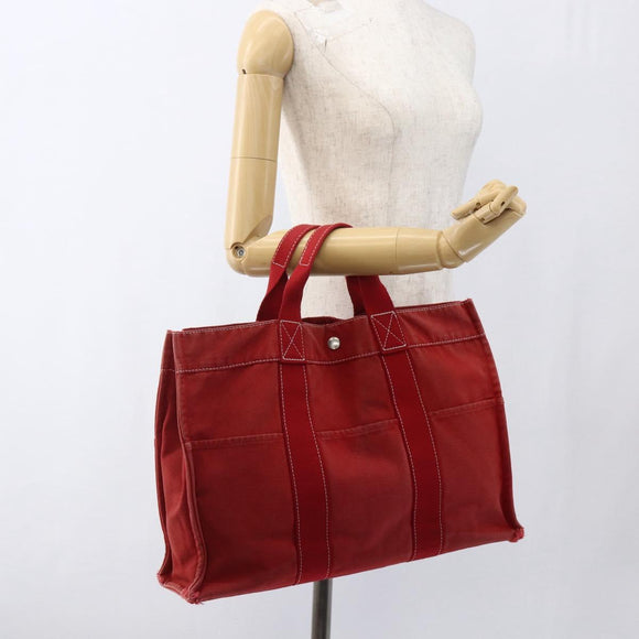 HERMES Deauville MM Hand Bag Canvas Red Auth ti3706