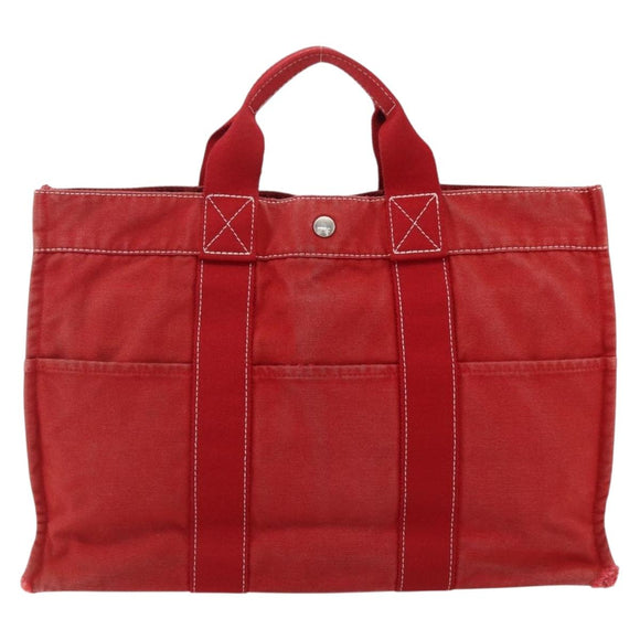 HERMES Deauville MM Hand Bag Canvas Red Auth ti3706