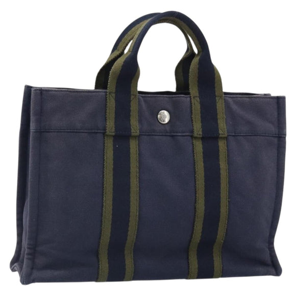 HERMES Fourre Tout PM Tote Bag Canvas Navy Silver Auth ti3708