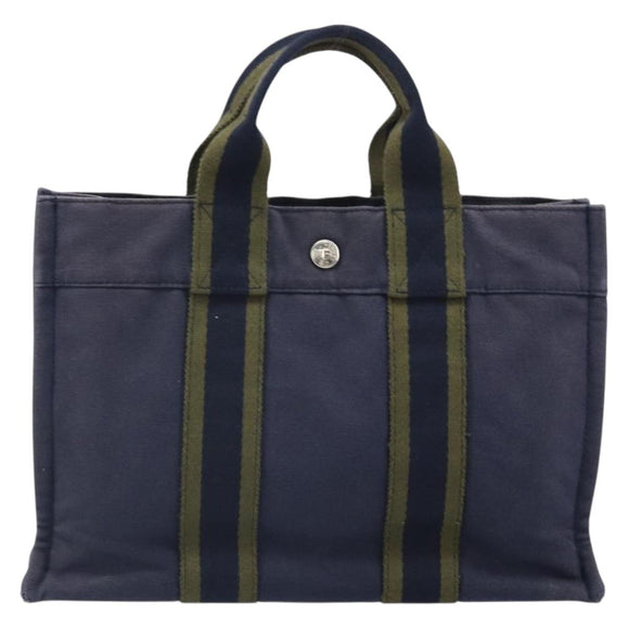 HERMES Fourre Tout PM Tote Bag Canvas Navy Silver Auth ti3708