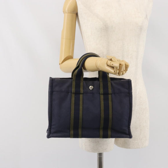 HERMES Fourre Tout PM Tote Bag Canvas Navy Silver Auth ti3708