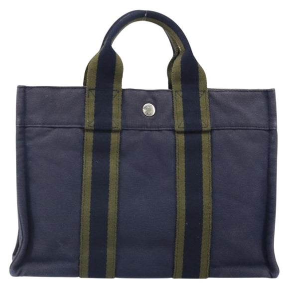 HERMES Fourre Tout PM Tote Bag Canvas Navy Silver Auth ti3708