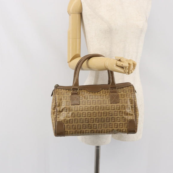 FENDI Zucchino Canvas Hand Bag PVC Beige Silver Auth ti3726