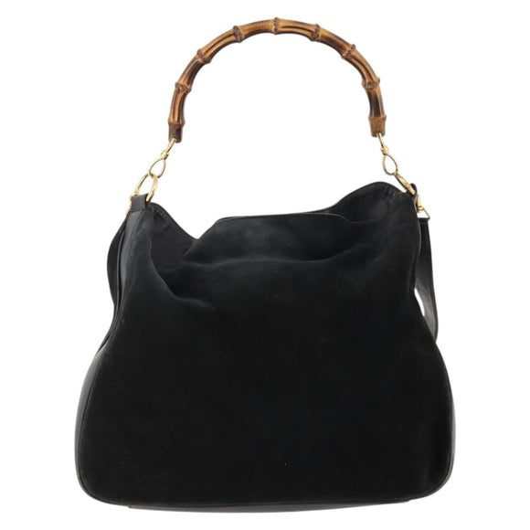 GUCCI Bamboo Shoulder Bag Suede Black Gold 01 1014 1577 Auth ti3727