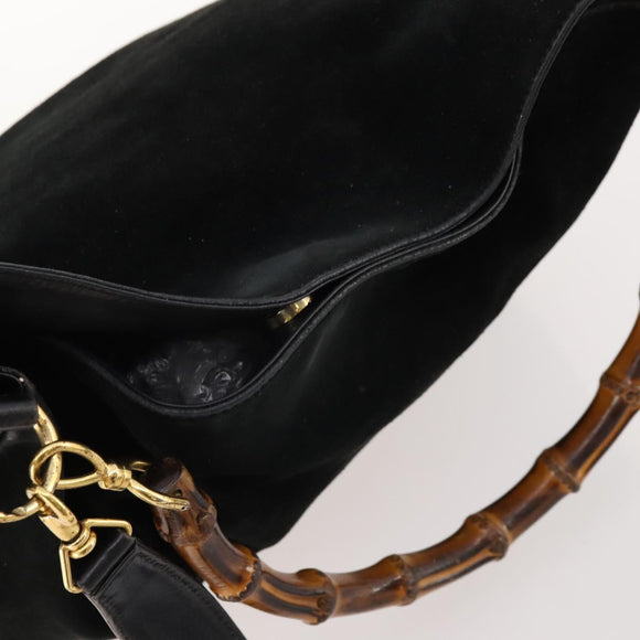 GUCCI Bamboo Shoulder Bag Suede Black Gold 01 1014 1577 Auth ti3727