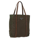 PRADA Handtas Nylon Leer Kaki Zilver Auth ti3735-1