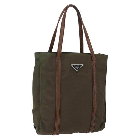 PRADA Handtas Nylon Leer Kaki Zilver Auth ti3735