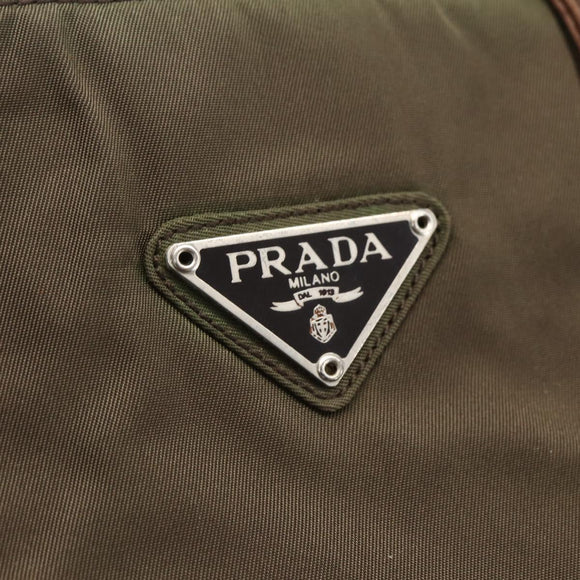PRADA Handtas Nylon Leer Kaki Zilver Auth ti3735