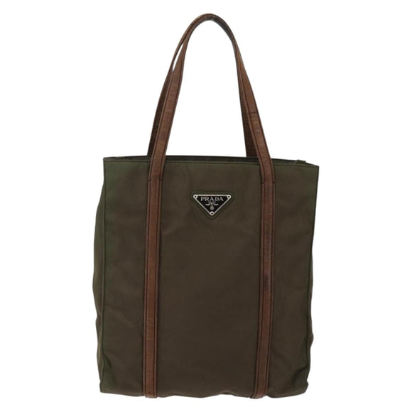 PRADA Handtas Nylon Leer Kaki Zilver Auth ti3735